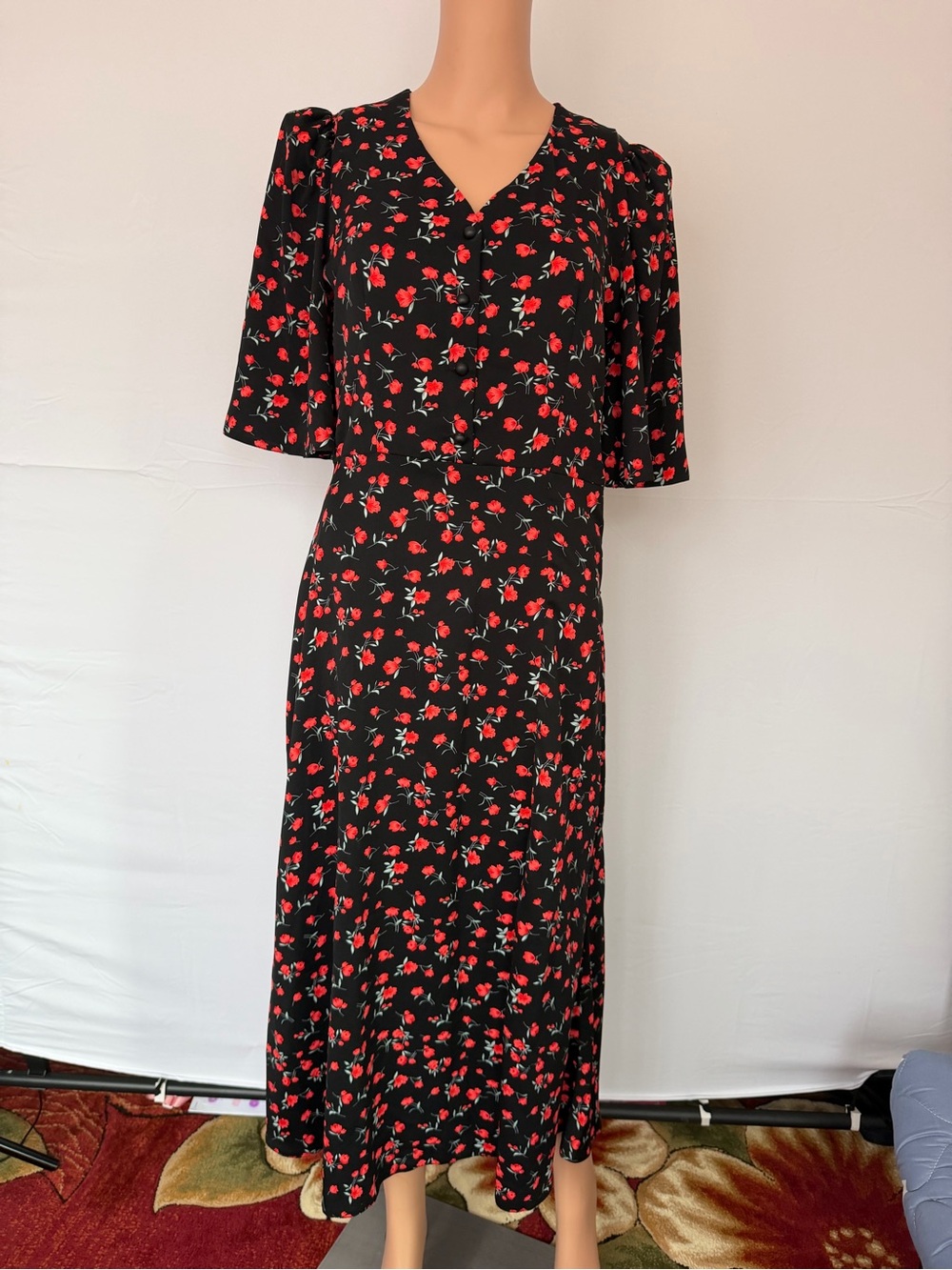 Black Maxi Dress with Red Floral Print